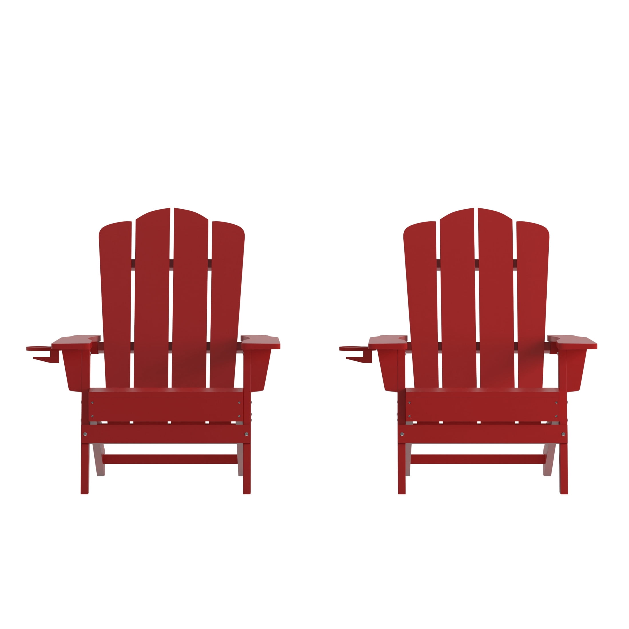 Emma + Oliver Set of 2 Adirondack Chairs with Cup Holders, Weather Resistant HDPE Adirondack Chairs in Red