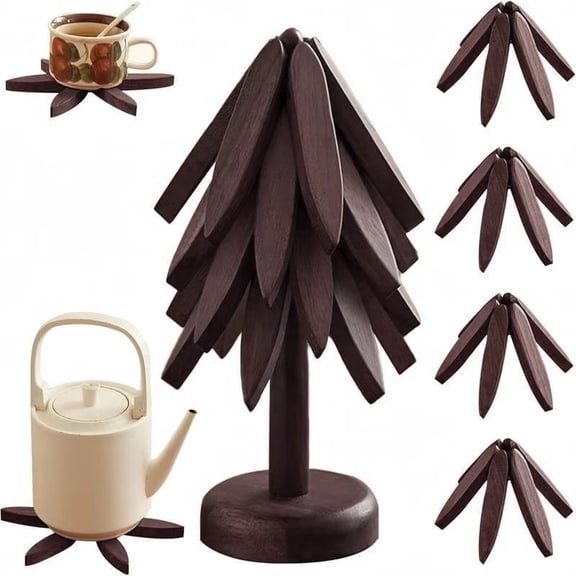 Walnut Wood Tree Shaped Trivet Set, 4-Pack with Storage Stand That Stored Like a Christmas Tree, Foldable Hot Pot & Dish Holder for Kitchen Counter