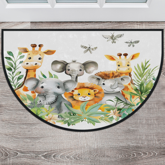 CURLYOOT Cute Elephant Giraffe Lion Half Round Door Mat 40'' x 63'', Indoor Outdoor Entrance Rug, Semi Circular Area Rug, Non Slip Washable Absorbent Doormat, Laundry Room Rug