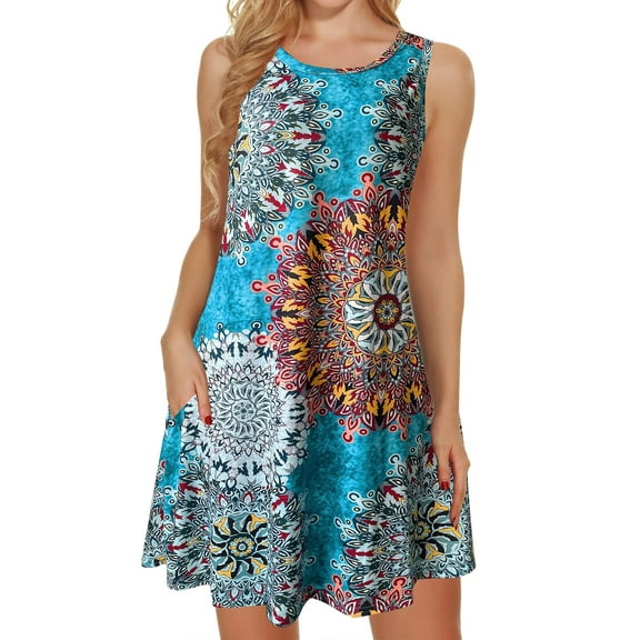 QINCAO Women Dresses Sleeveless Short Dresses for Women O-Neck Floral Print Casual Loose Summer Female Dresses