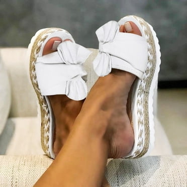 LoyisViDion Womens Sandals Clearance Women'S Summer Slip-On Bow Flat Beach Open Toe Breathable Sandals Weave Shoes White 9.5-10(42)