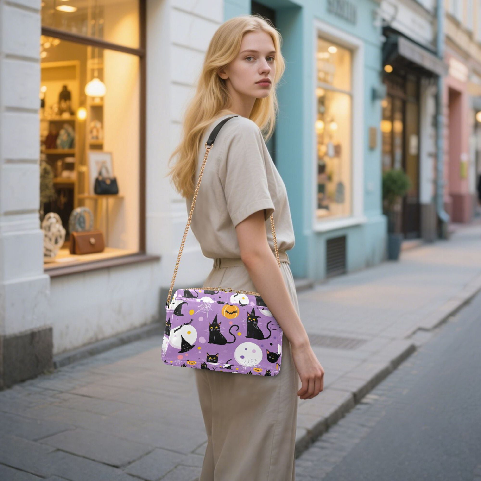 FORMRS Women Crossbody Purse with Chain Strap Vegan Leather Shoulder Handbag, Purple Halloween Pattern