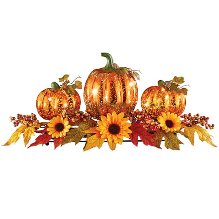 Lighted LED Fall Pumpkins and Sunflowers Centerpiece with Colorful Leaves and Berries