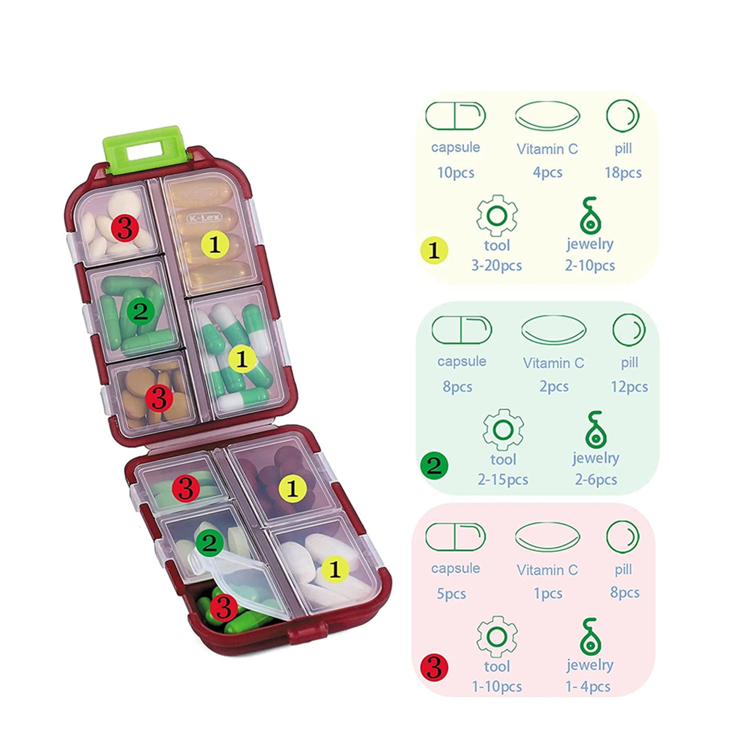 2 Pack Portable Pill Case Weekly Travel Pill Organizer Pocket Size Pill Box Dispenser For Purse Vitamins Fish Oil Compartments Container Medicine Box