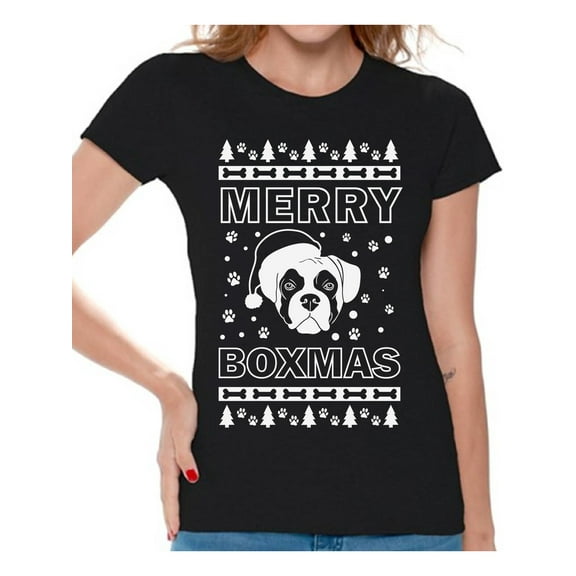 Awkward Styles Merry Boxmas Tshirt Merry Boxmas Christmas Shirts for Women Funny Santa Boxer Dog Shirt Women's Holiday Top Merry Christmas T-shirt Dog Lover Xmas Gifts Christmas Party Outfit