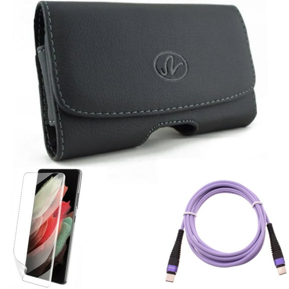 Case Belt Clip w Matte Screen Protector w Purple 10ft PD Cable for Samsung Galaxy S21 Plus - Leather Swivel, TPU Film Anti-Glare, Type-C to USB-C Fast Charger Cord Accessory Bundle