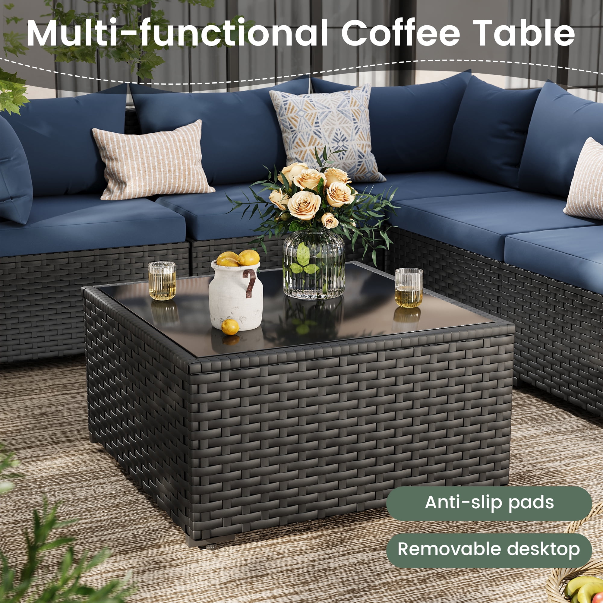 POTEBAN 7 Pieces Patio Conversation Set, Outdoor Black PE Wicker Sectional Sofa for Backyard Garden, Blue