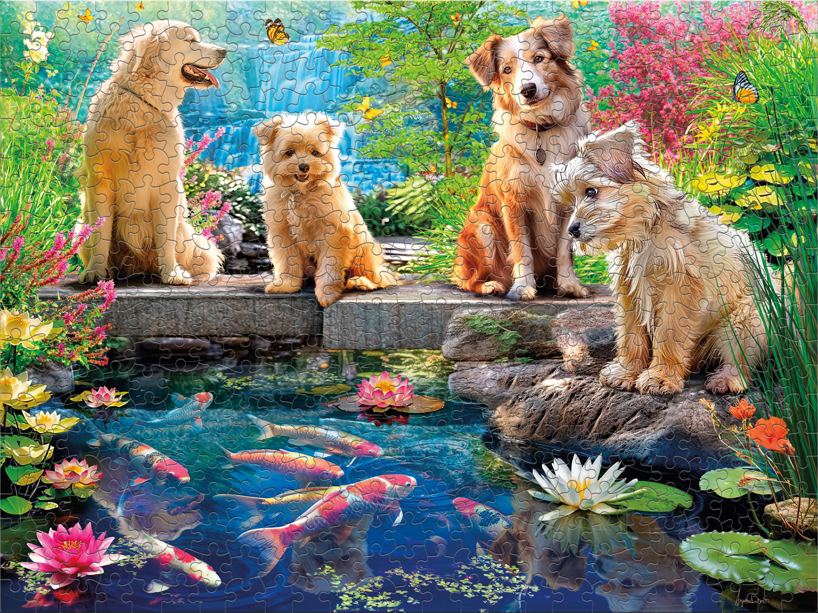 Ceaco 500 Piece Doggies at the Koi Pond (Angelo Bonito) Interlocking Jigsaw Puzzle