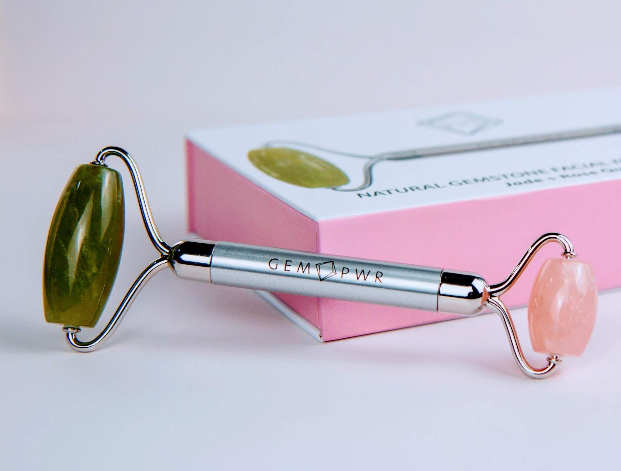 GEM PWR Rose Quartz + Jade Face Roller, Dual Head 2-in-1 with Travel Bag and Durable Steel Handle