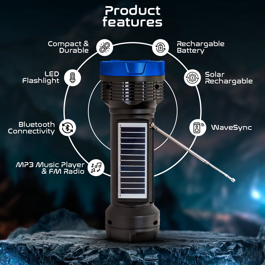 Audiobox FSL-200 Solar Rechargeable Flashlight with Bluetooth Speaker, FM Radio, TWS, and LED Light – Portable for Camping, Hiking, Travel Blue