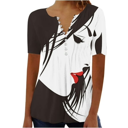 

RKZDSR V Neck Women Face Floral Tops Bodycon Sexy Shirts Plus Size Loose Fit Blouses Scrub Tops Tees Womens Short Sleeve Tshirts Summer Deals Shirts Black XL