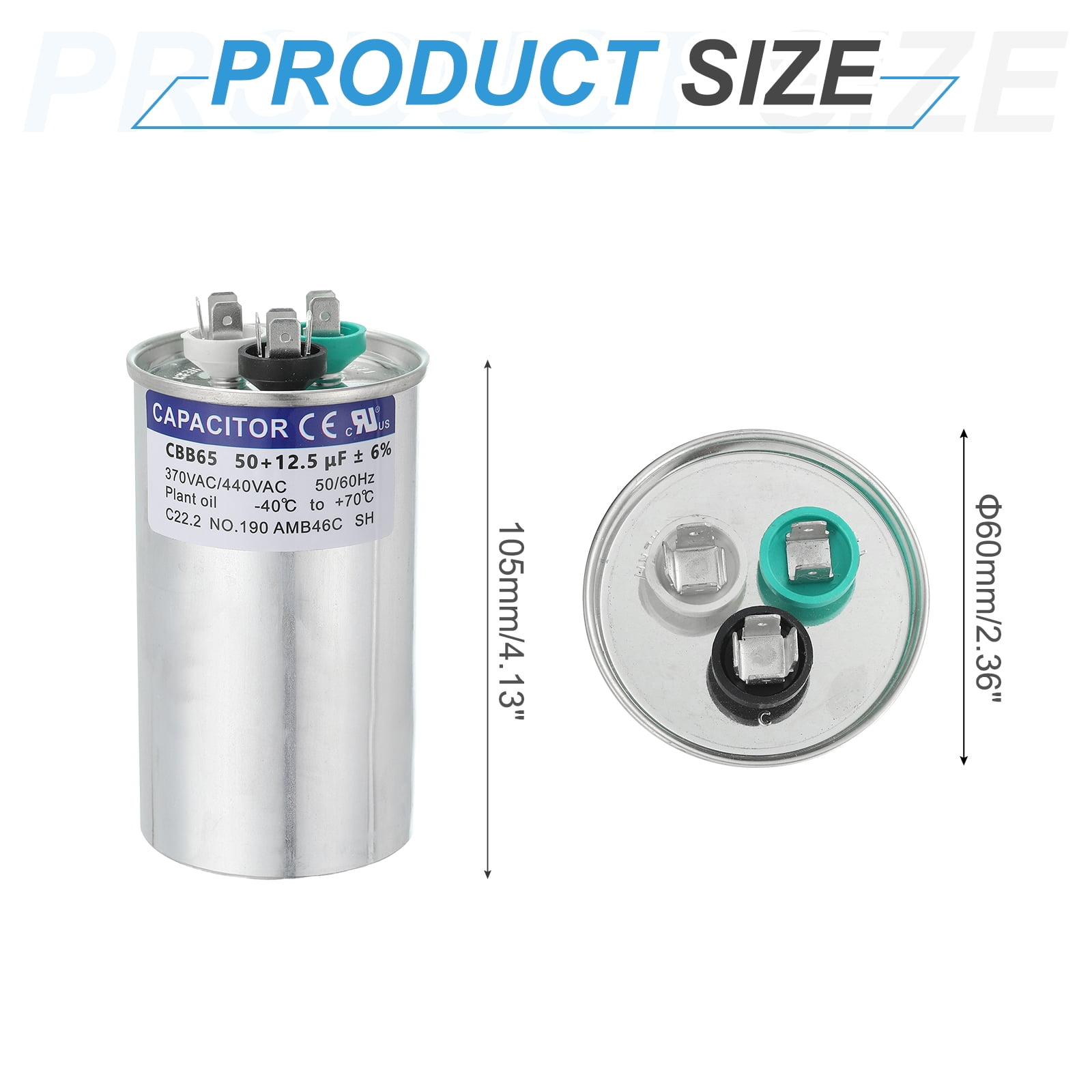 Uxcell CBB65 Capacitor, 50+12.5uF 370-440 VAC 50/60Hz Aluminium CBB65 Air Conditioner Motor Starting Round Capacitor for HVAC Systems, Air Conditioner, Heat Pump
