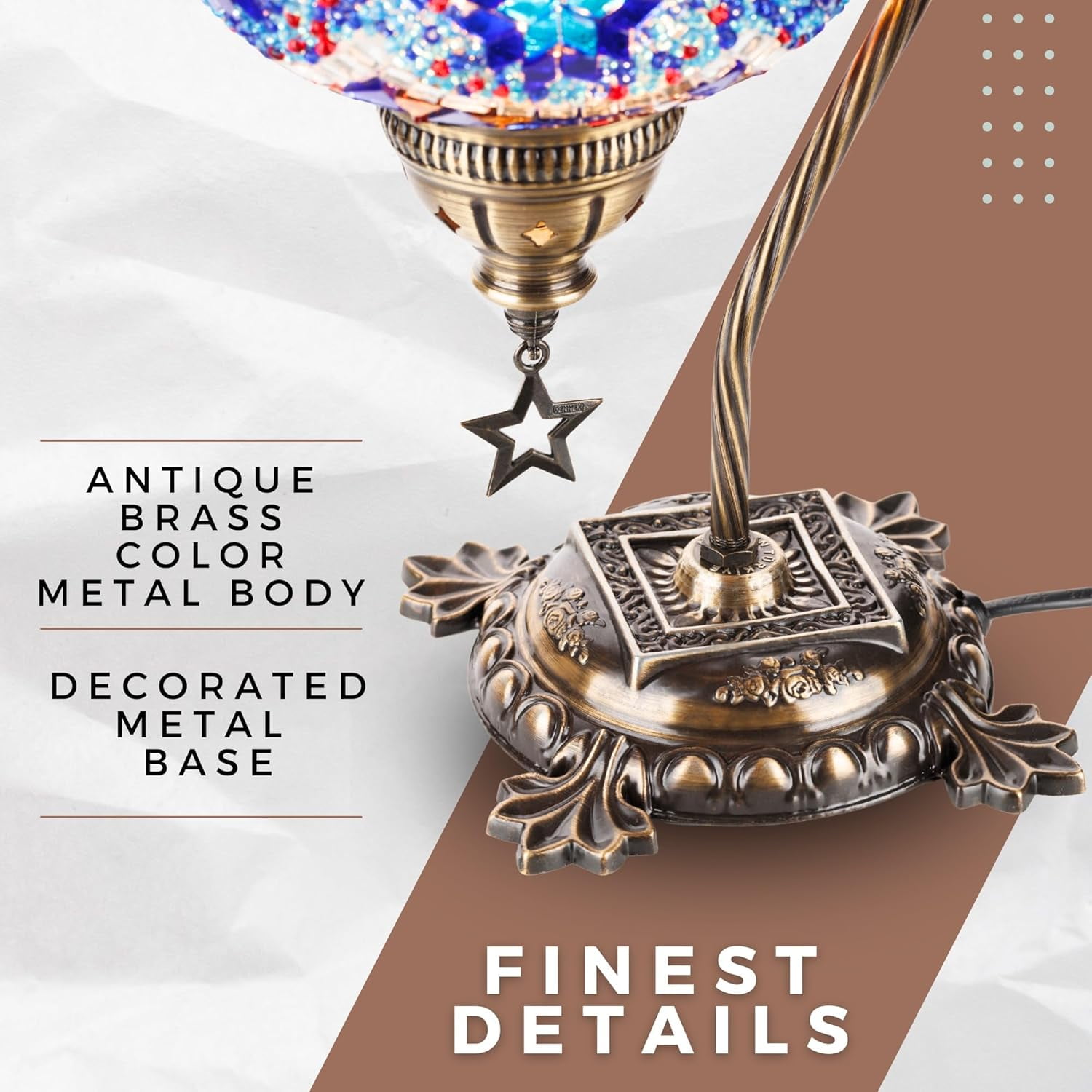 DEMMEX Authentic Turkish Mosaic Table Lamp, Handcrafted Bedside Accent Light, Antique Brass Metal Base, Vintage Moroccan Boho Decor Lamp, Multicolor