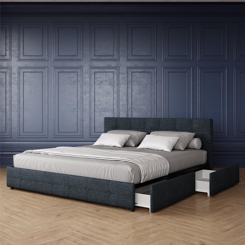 DHP Rose Upholstered Bed with Storage , Blue Linen King, (Blue Linen