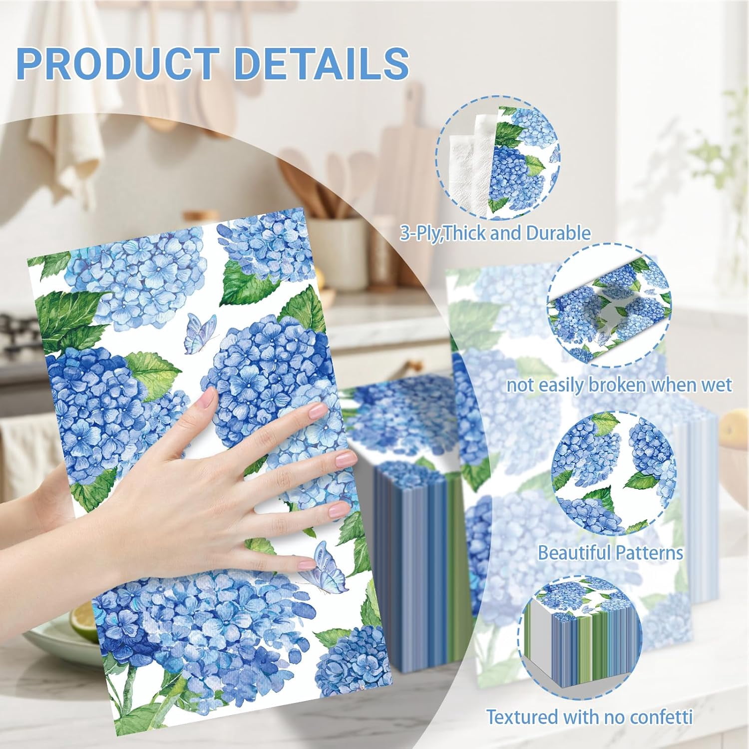 100 PCS Hydrangea Paper Napkins, Blue Hydrangea Floral Paper Napkins 3-Ply Disposable Hand Towels for Home Dinner Party Guest Napkin Wedding Spring Summer Fall Flowers Party Decorations