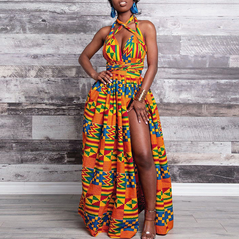 Anself - Women African Printed Maxi Dress Muti Way Slit Halter Off Shoulder Wraparound Vintage 