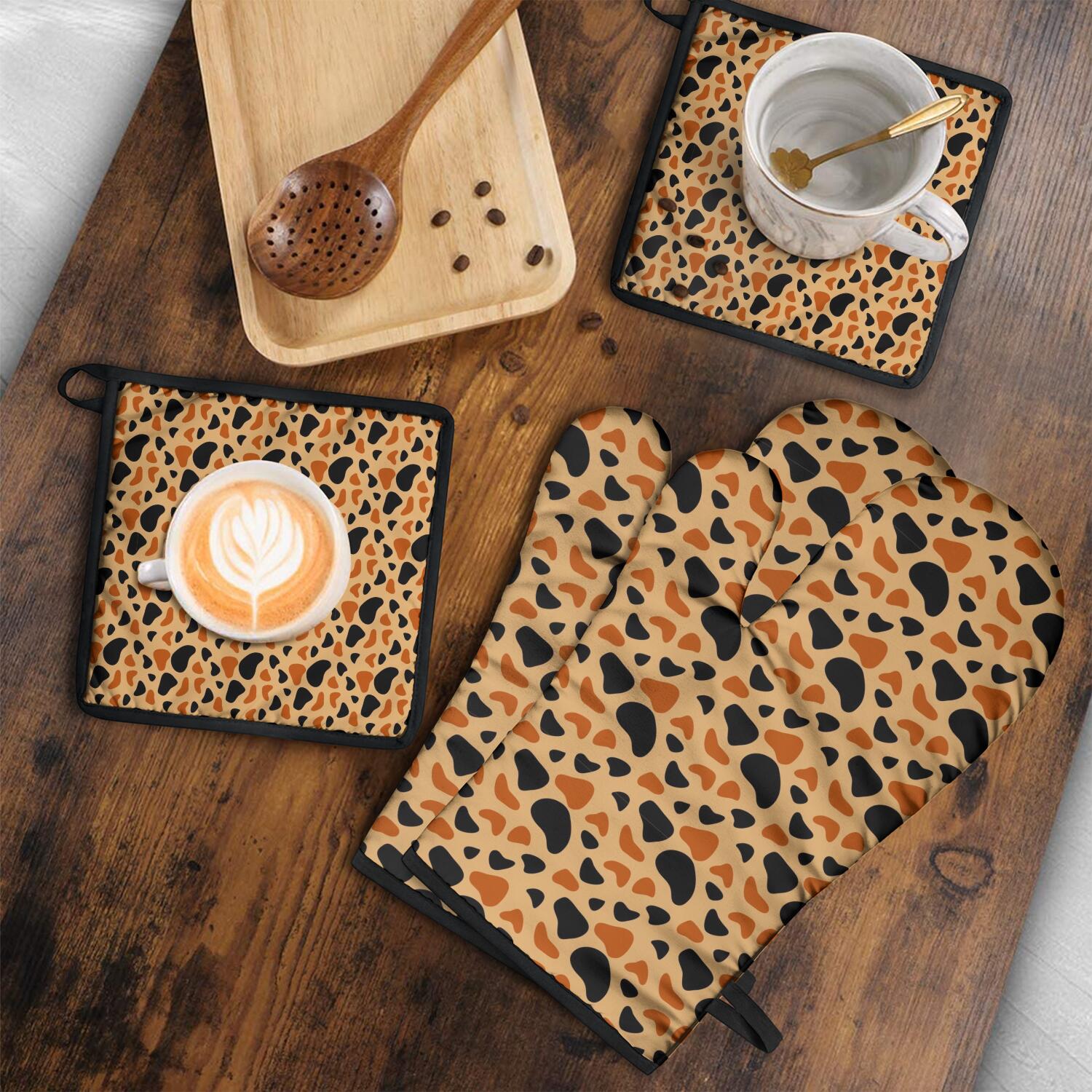 Leopard Print Oven Mitts and Pot Holders Set Of 4, Heat Resistant Kitchen Gloves with Non-Slip Grip, Hanging Loop, Soft Cotton Lining for Baking, Cooking, Grilling, Barbecue