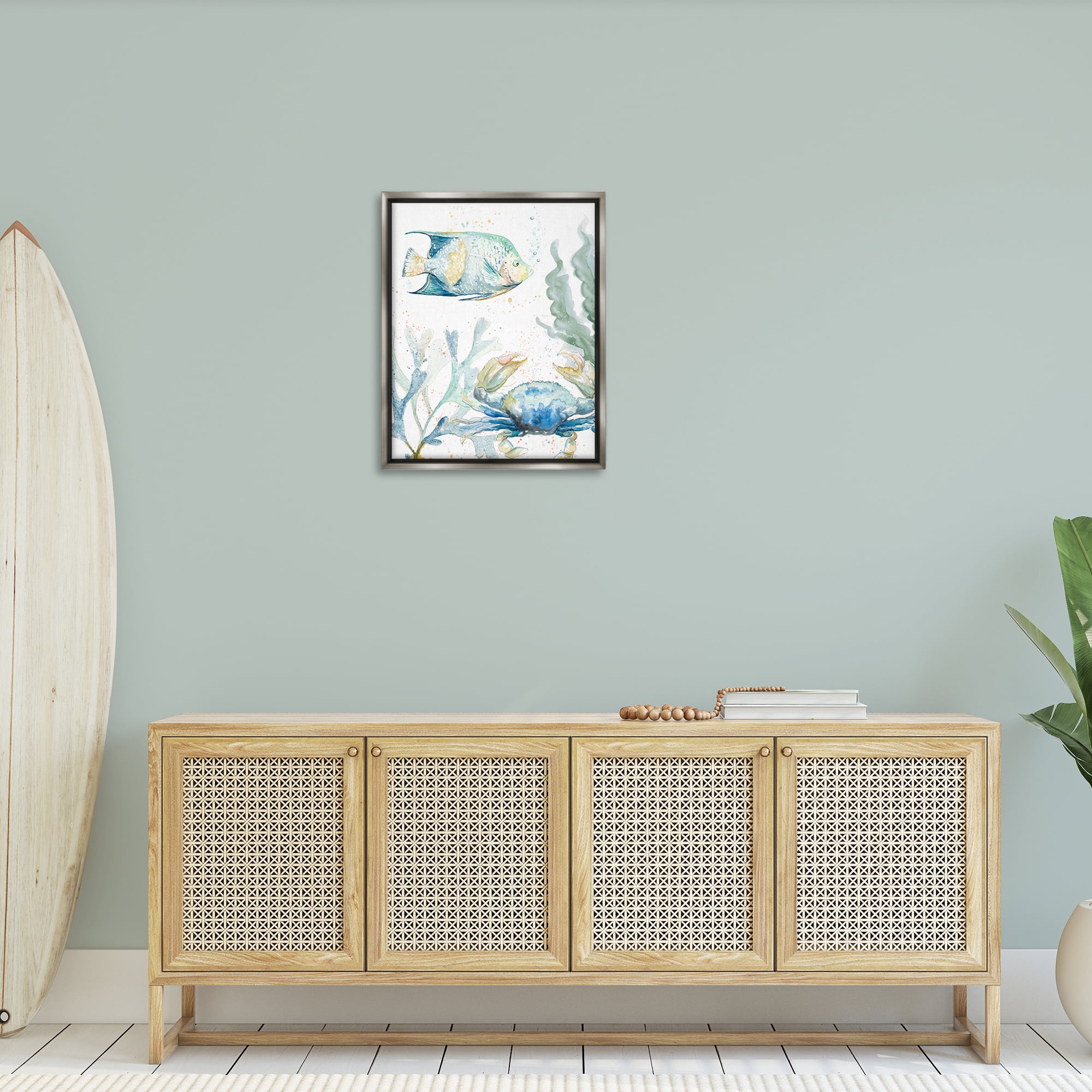 Stupell Industries Crab & Fish Scene Animals & Insects Painting Gray Floater Framed Canvas Art Print Wall Art, 25 x 31