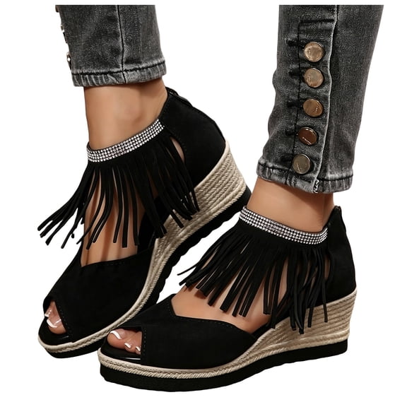 Rokment Women's Bling Rhinestones Fringe Platform Wedge Sandals Boho Beach Summer Fall Suede Peep Toe Espadrilles Chunky High Heels Dress Shoes Black Size 6.5