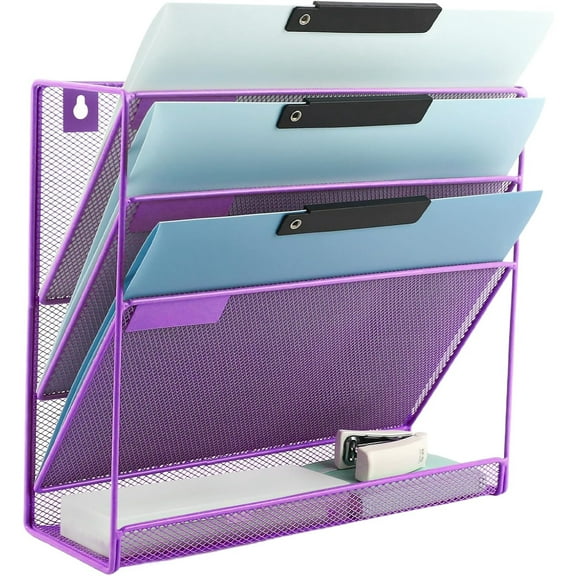 Desk File Organizer Mesh 4-Tier, Hanging Wall Mount Document Organization Stand, Desktop Vertical Mail Paper Folder Holder Rack with Bottom Tray for Office Home Cubicle Countertop, Purple