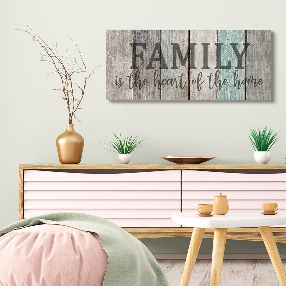 Stupell Industries Family is the Heart of Home Quote Weathered Wood Grain Canvas Wall Art Design by Kim Allen, 17" x 40"