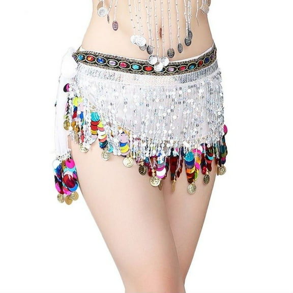 Sequined Chiffon Tassel Scarf Belly Dance Hip Scarf Waist Chain Skirt Hip Scarf Latin Skirt,Silver