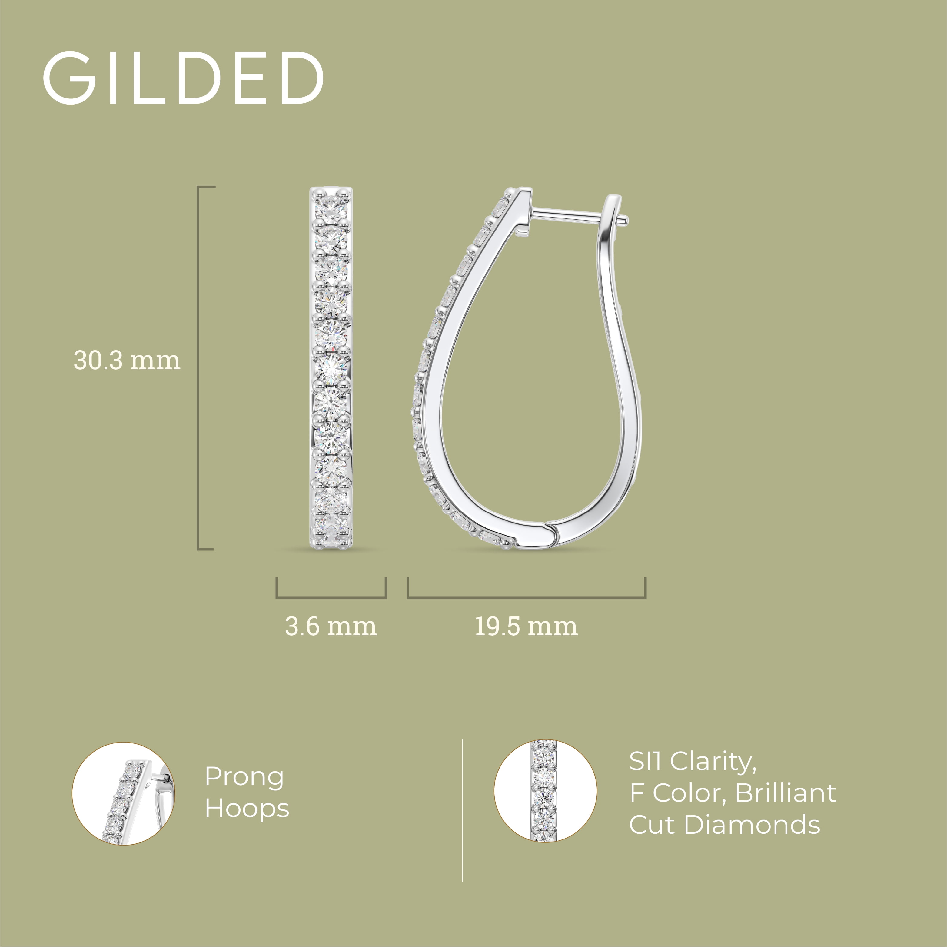 Gilded 2 Carat Total Weight Lab-Grown Diamond U-Shaped Hoop Earrings for Women in 925 Sterling Silver | Hypoallergenic Fine Jewelry | Latch Back Closure | SI1 Clarity, F Color