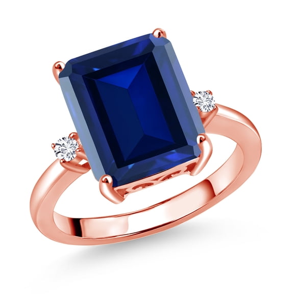 Gem Stone King 18K Rose Gold Plated Silver 12X10MM Blue Simulated Sapphire and 2MM White Diamond 3 Stone Engagement Ring for Women | 6.77 Cttw | Gemstone September Birthstone | Size 7