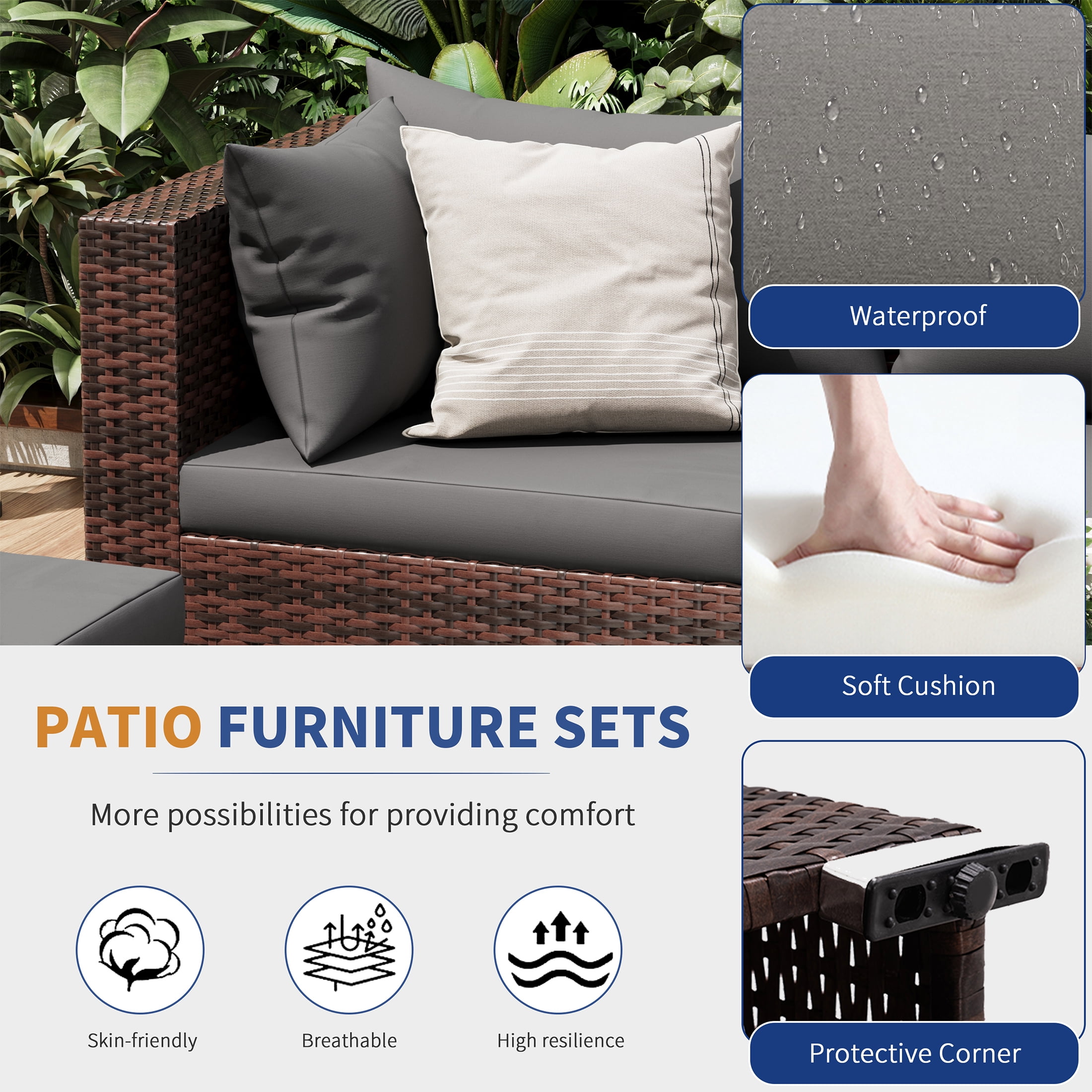 UDPATIO Patio Furniture Sets, Modular Rattan Outdoor Patio Sectional Furniture with 44" Fire Pit Table,, Wicker Patio Conversation Set for Backyard, Deck, Poolside w/Glass Coffee Table, 5PC Grey