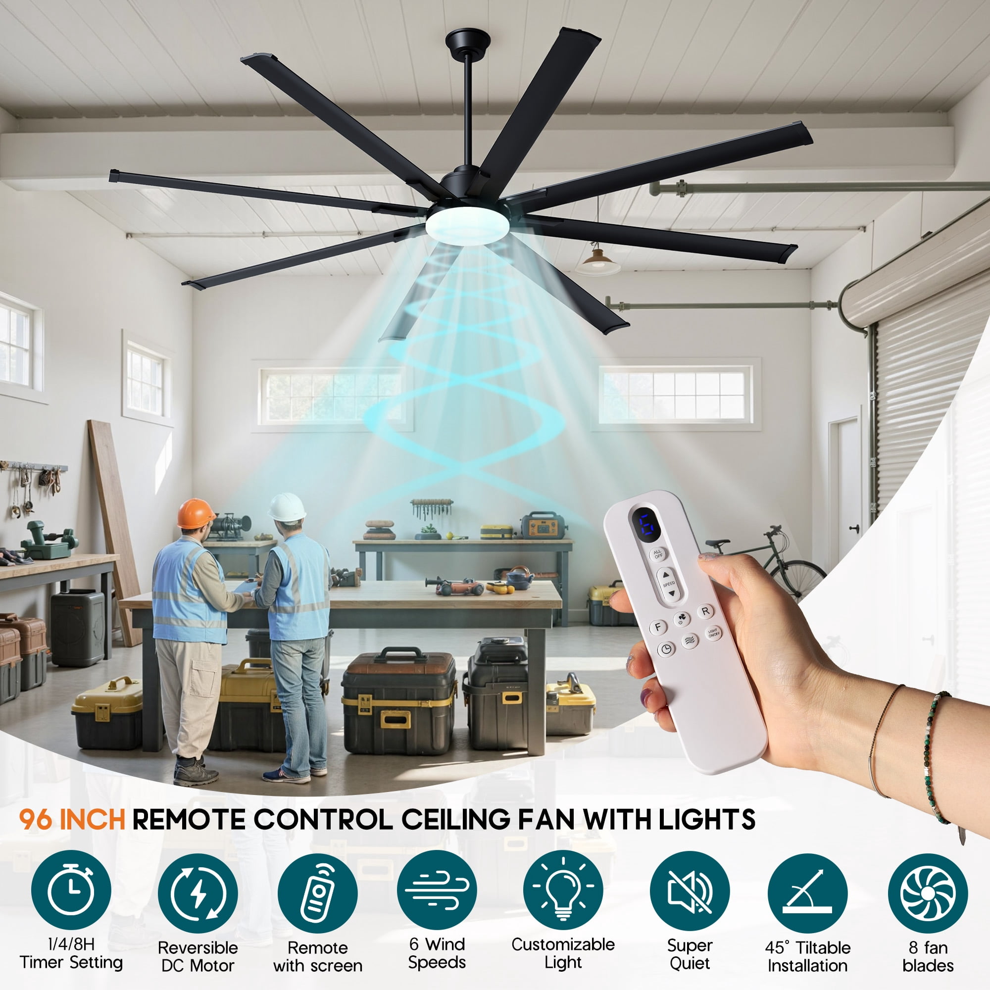 Jocisland 96 in Ceiling Fan with Light, 8-Blade Large Ceiling Fan with Remote, 6-Speed Reversible DC Motor, Dimmable 3-Color LED for Living Room