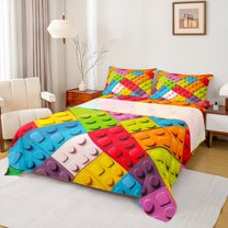 jejeloiu Construction Twin Sheet Sets,3D Building Blocks Twin Fitted Sheet,Colorful Toy Brick Flat Sheet For Girls Boys,Microfiber Bedroom Decor,3-Piece