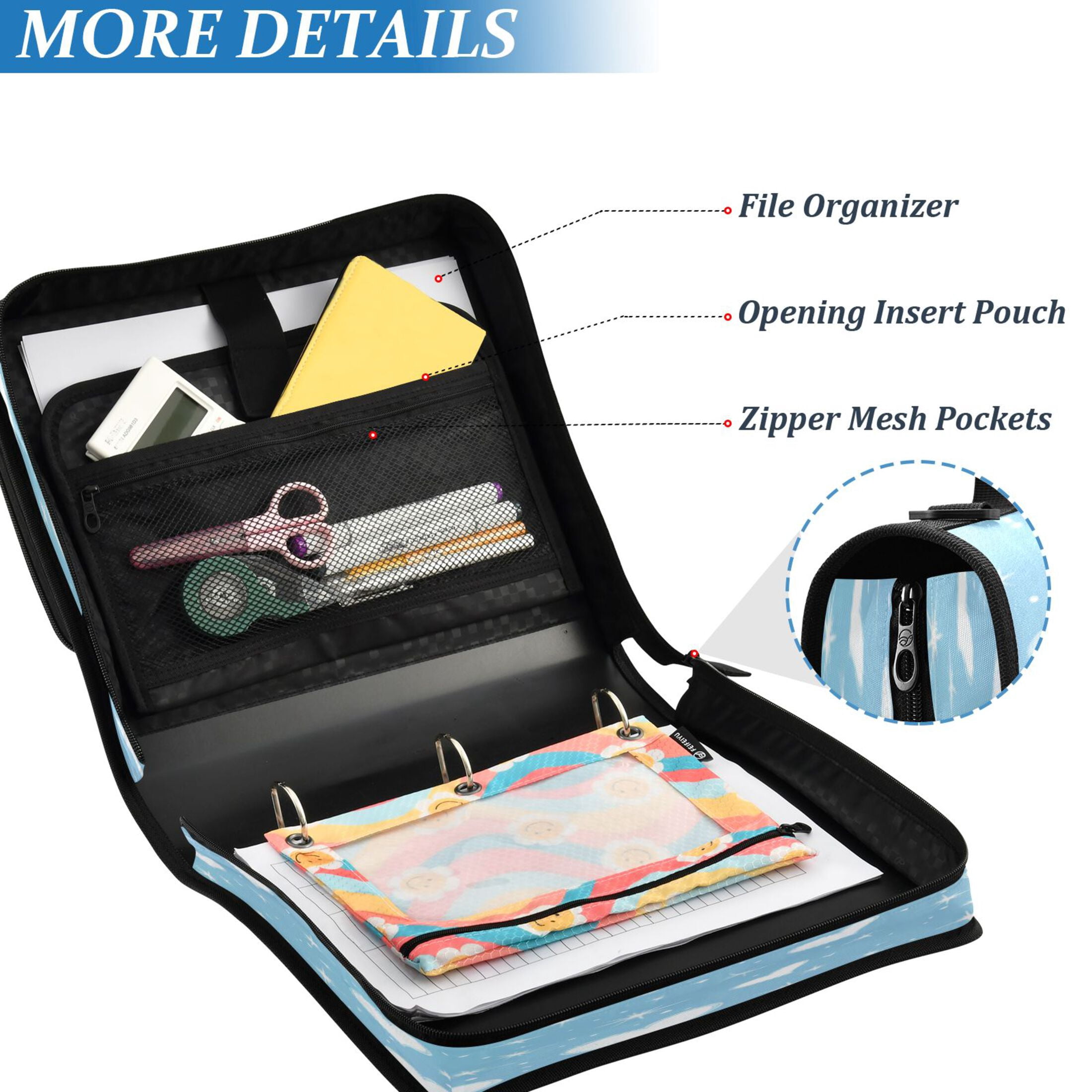 3 Ring Zipper Binder Stationery Organizer for Study Work Home Travel, All-Purpose File Folder Storage Bag for Daily Document Organization Soft Heart Line Art on Blue