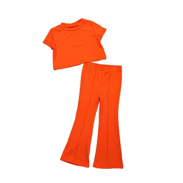 Ropa Para Niñas Bebés Traje Para Niños Pequeños Nuevo Estilo Para Niños Moda Casual Color Sólido Camiseta Pantalones Acampanados Pantalones Traje De Manga Corta Naranja Odeerbi LM103-7885