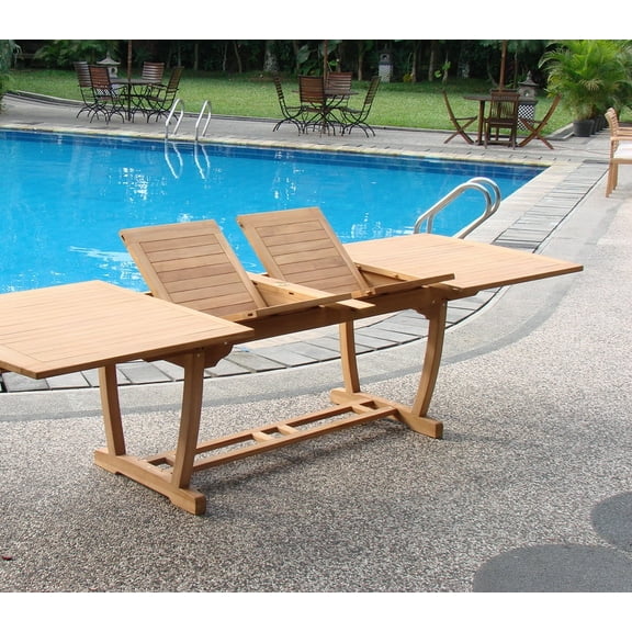 Grade-A Teak Dining Set: 4 Seater 5 Pc: 118" Double Extension Mas Rectangle Trestle Leg Table And 4 Vellore Stacking Arm Chairs WholesaleTeak #WMDSWVm