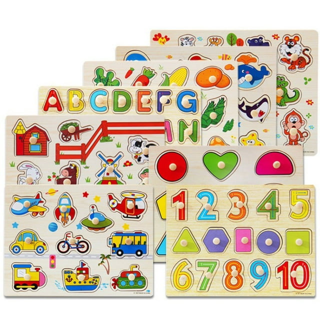 JANDEL Wooden Puzzles for Toddlers Peg Puzzle Set, Children's Learning Puzzles with Alphabet and Animal Numbers Shape, Educational and Learning Preschool Puzzle Toys for Babies Boys and Girls