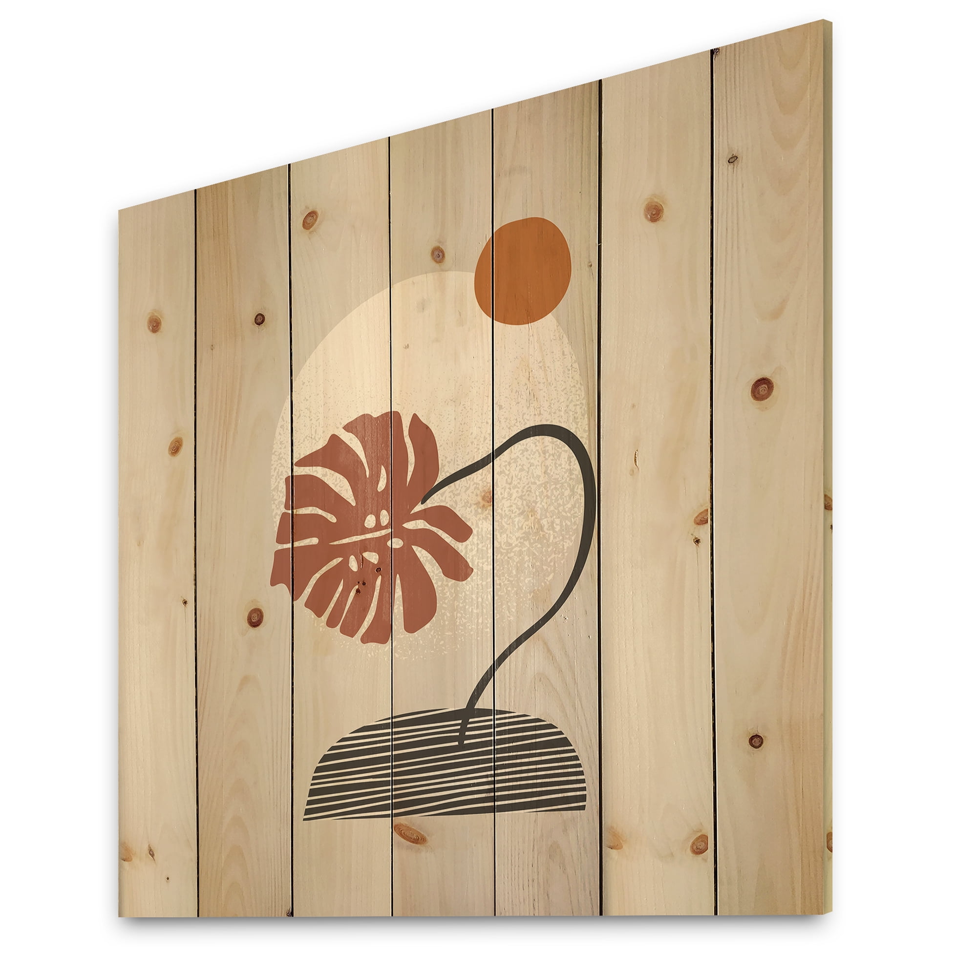 Designart 'Abstract Geometry Shapes and Tropical Palm Leaf III' Modern Print on Natural Pine Wood