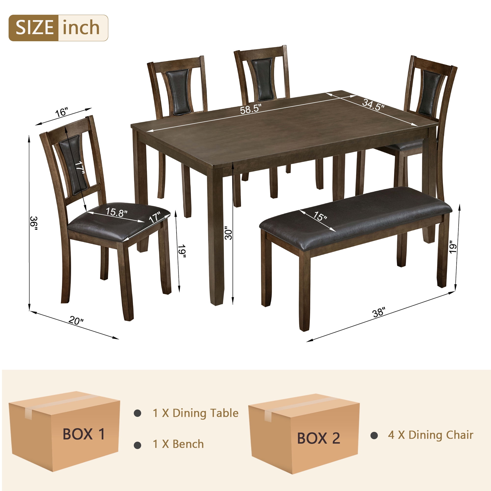 BSHTI 58.5" Walnut Wood Modern 6-Piece Dining Table Set with Fabric Upholstered Chairs, Bench, Comfortable Seating for Dining Room(Walnut)