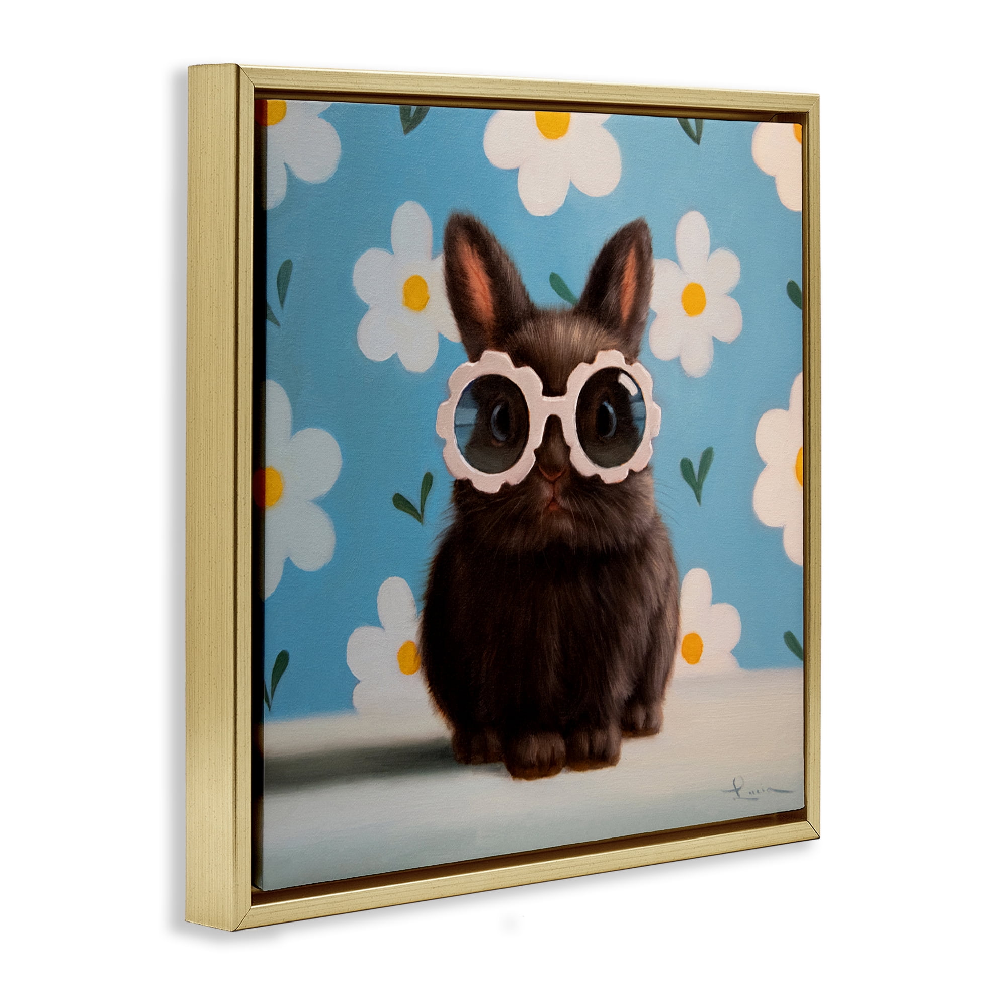 Flower Child Bunny Gold Framed Floater Canvas Wall Art, design by Lucia Heffernan