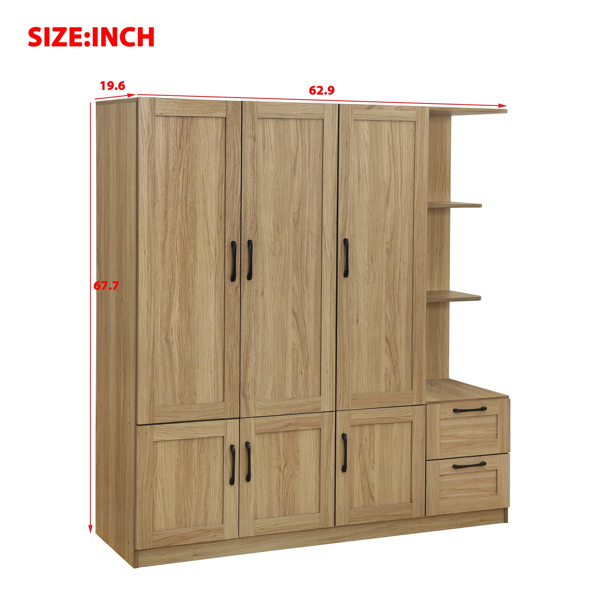 Euroco Modern Wood 3-Door Wardrobe with Drawers and Shelves for Kids Adults, Natural