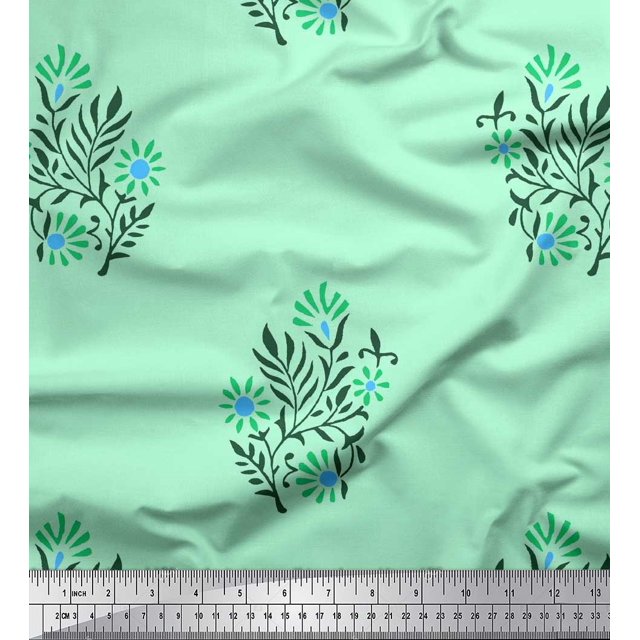 Soimoi Poly Georgette Fabric Leaves & Floral Block Print Fabric by The Yard 52 Inch Wide