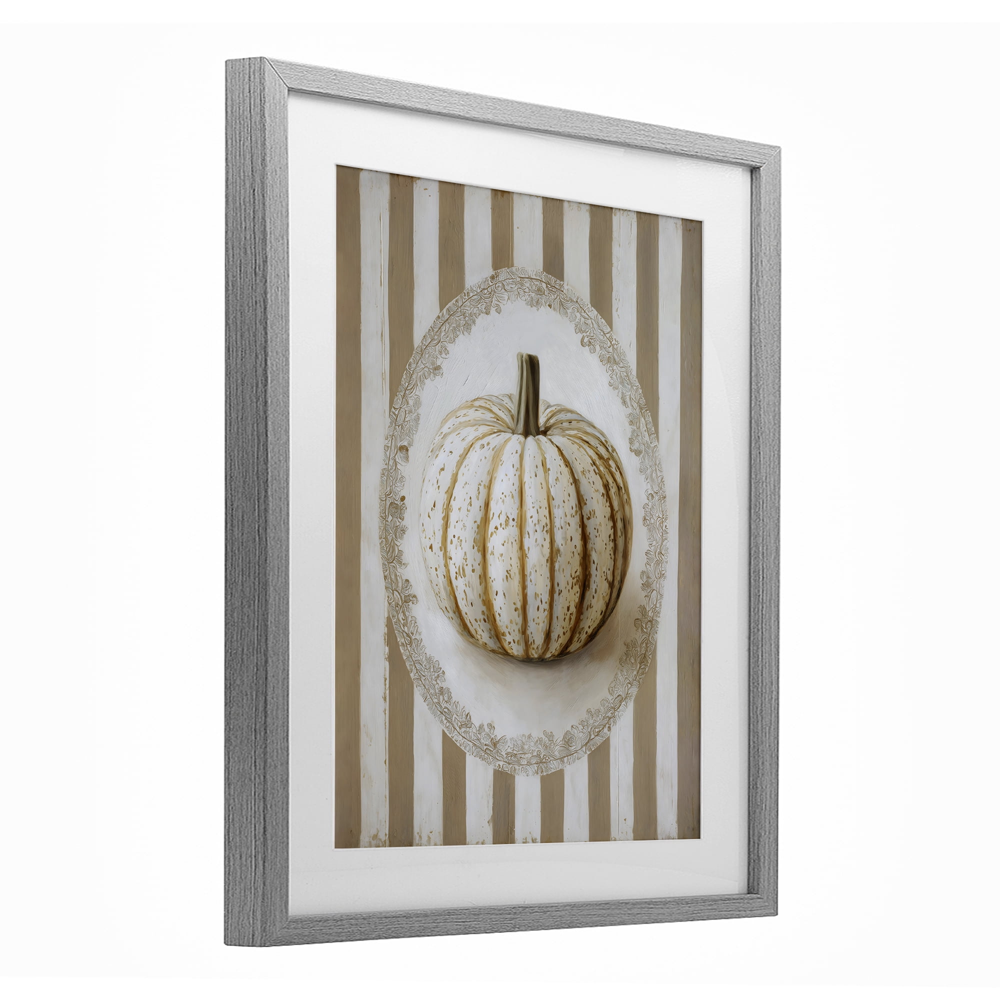 Beige Stripes Pumpkin Gray Framed Print Under Glass, design by Arlington Prints
