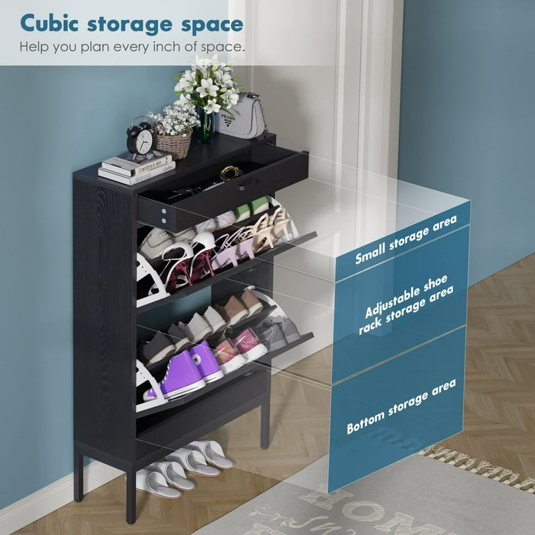 Black Narrow Shoe Storage Cabinet with 3 Shelves Wall Mounted in Small