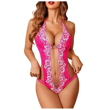 Yuhangmm Women 1 Piece Lingerie Sexy Lace Bodysuit Deep V Teddy S~XXL Features: plus Size Lace Camisole And Robe