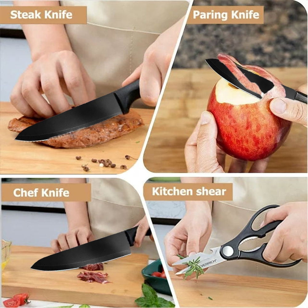 Boreas Knife Set, 15PCS German Stainless Steel Kitchen knife Block Set, Knives Set for Kitchen with Built-in Sharpener, Black
