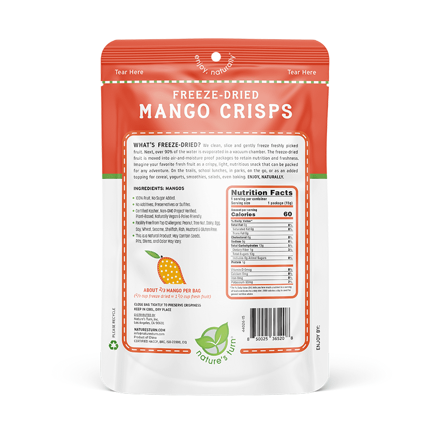 Nature’s Turn Freeze-Dried Mango Crisps, No Added Sugar, Healthy Natural Fruit Crisp Snack for School Lunches, 12 Pack (0.53 oz Each)