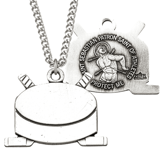 Solid .925 Sterling Silver Patron Saint St Sebastian Hockey Medal Pendant for Athletes, 24" Endless Rhodium Plated Stainless Steel Chain Necklace, Made in USA, Deluxe Velvet Gift Box