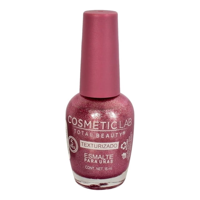 esmalte para uñas cosmetic lab total beauty rose texturizado 15 ml Frasco frontal centrado; vidrio curvo con esmalte rosa texturizado y brillo metálico, tapa rosada mate, etiqueta con marca COSMETIC LAB y leyenda "TEXTURIZADO" y "ESMALTE PARA UÑAS 15 ml"; fondo blanco, apto para manicura y uñas decoradas.