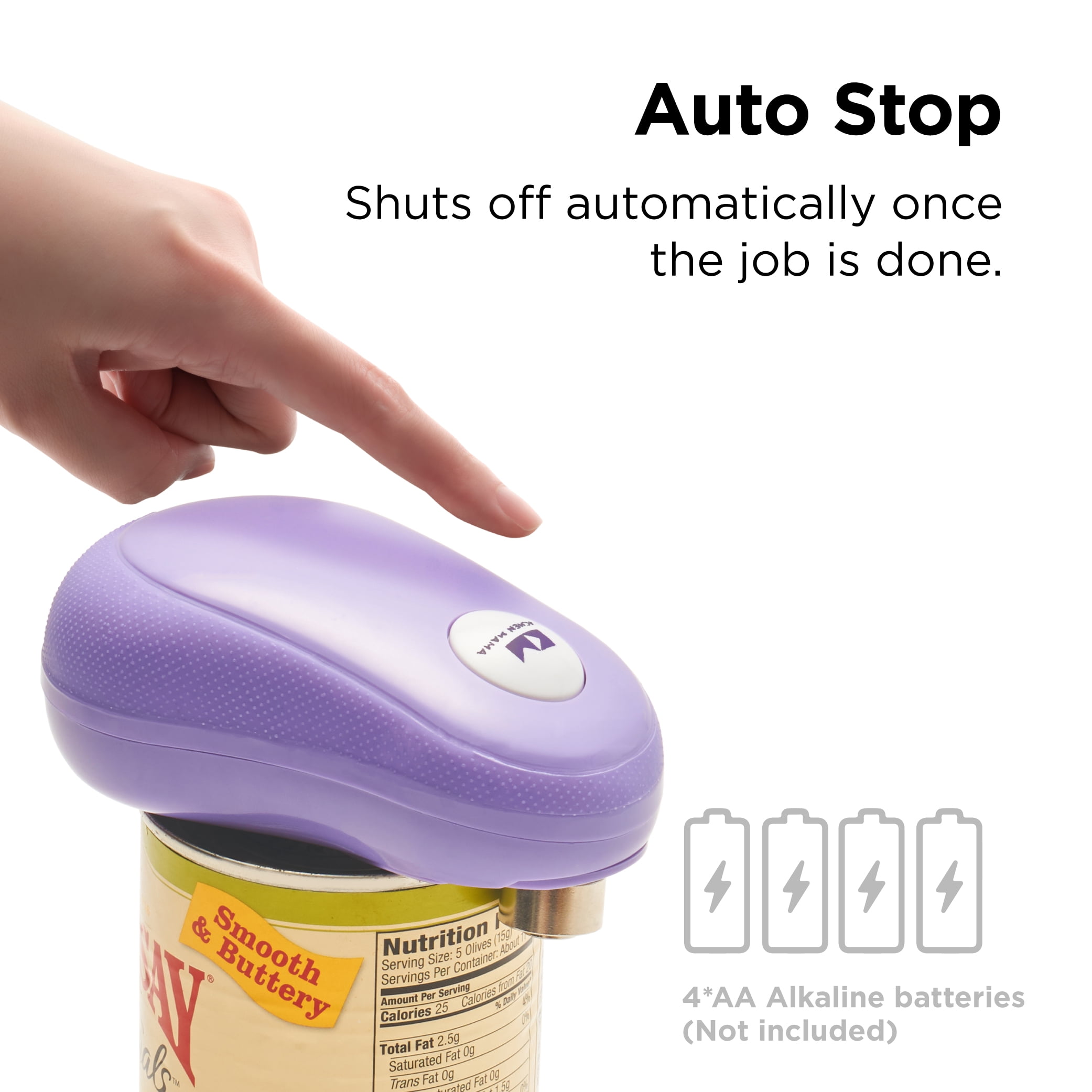 Kitchen Mama One Touch Electric Can Opener: Auto-Stop, Ergonomic, Battery Operated (Purple)