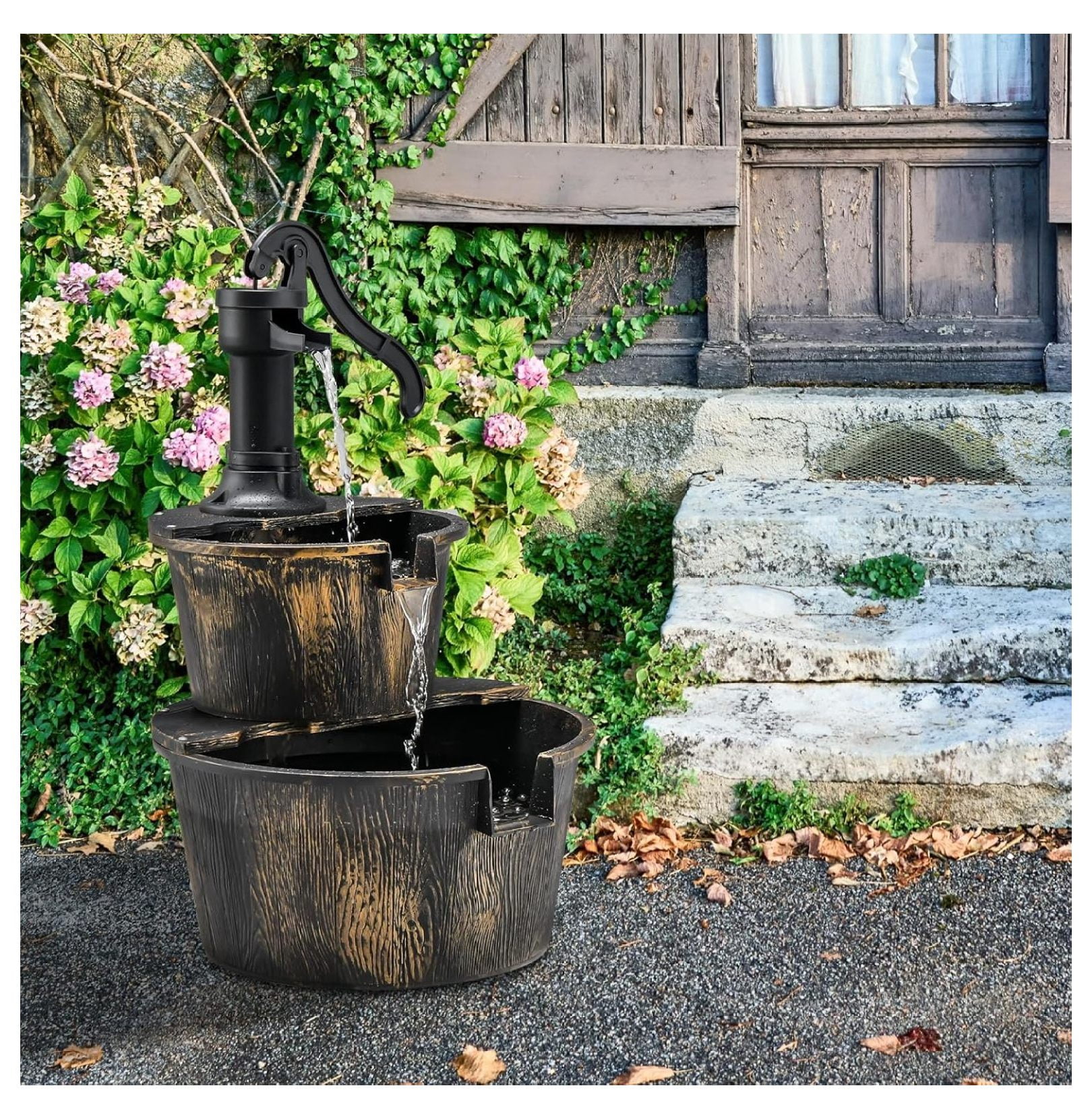 Water Fountain Outdoor, 2-Tier Water Feature Decor with Electric Pump, Freestanding Cascading Waterfall Fountain for Garden Patio Backyard Decor or Porch