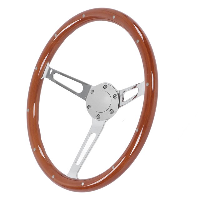 Qiilu Steering Wheel, 380mm 15in Classic Steering Wheel Assembly Walnut Grip 3 Spoke Riveted 6 Hole Universal Modification